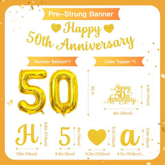 50th Anniversary Party Decorations Includes Gold Glitter Banner,Cake Topper,32-I
