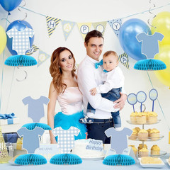 6 Pcs Blue Bodysuit Party Decorations, Blue Gingham Honeycomb Centerpieces, Birt
