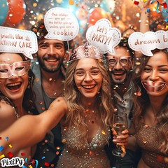 Premium Birthday Photo Booth Props Kit, 27 Pack of 27, White & Rose Gold