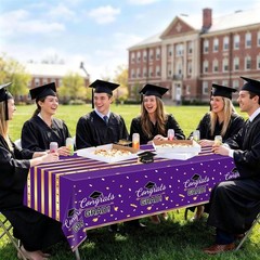Graduation Tablecloth 54″x108″ Purple Gold Disposable Plastic 3 Pack