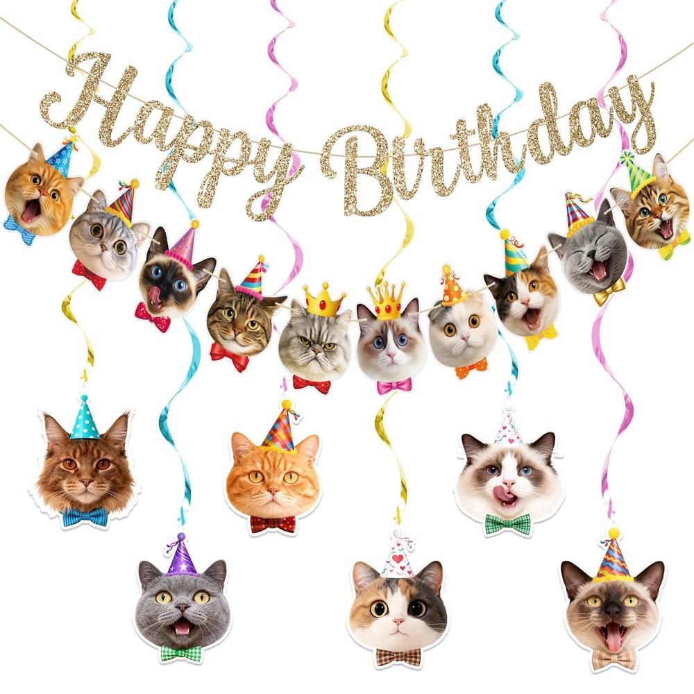 Cat Happy Banner Pre-Strung Cat Party Decorations NO DIY Gold Glitter Happy S…