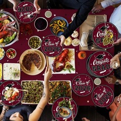 Disposable Maroon Graduation Tableware Set – Plates, Napkins, and Banners for 25