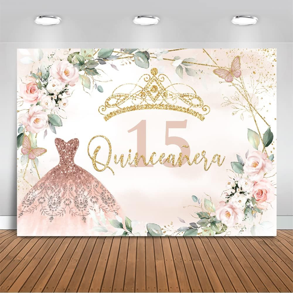Quinceanera Birthday Backdrop for Sweet Girl Mis Quince Anos 15th Birthday Party