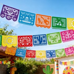 Mexican Party Decorations 18 FT Large Fiesta Banner, Plastic Papel Picado Themed