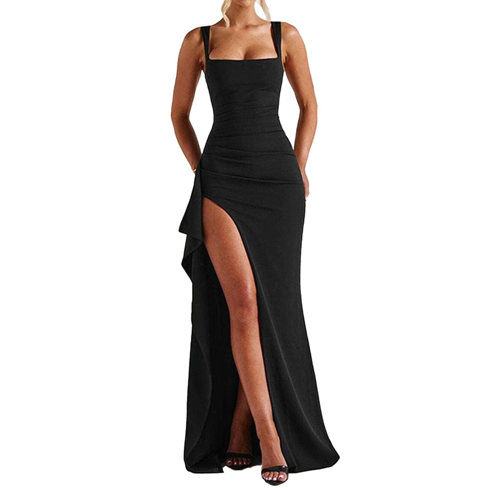 ABYOVRT Women Formal Dresses Sleeveless Bodycon Ruched High Slit Sexy Maxi Dr…