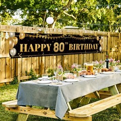 Large Happy 80th Birthday Decoration Banner, Black and Gold Happy 80th Birthd…