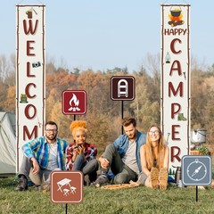 14Pcs Camping Party Decorations Set Welcome Happy Camper Porch Banner Sign Su…