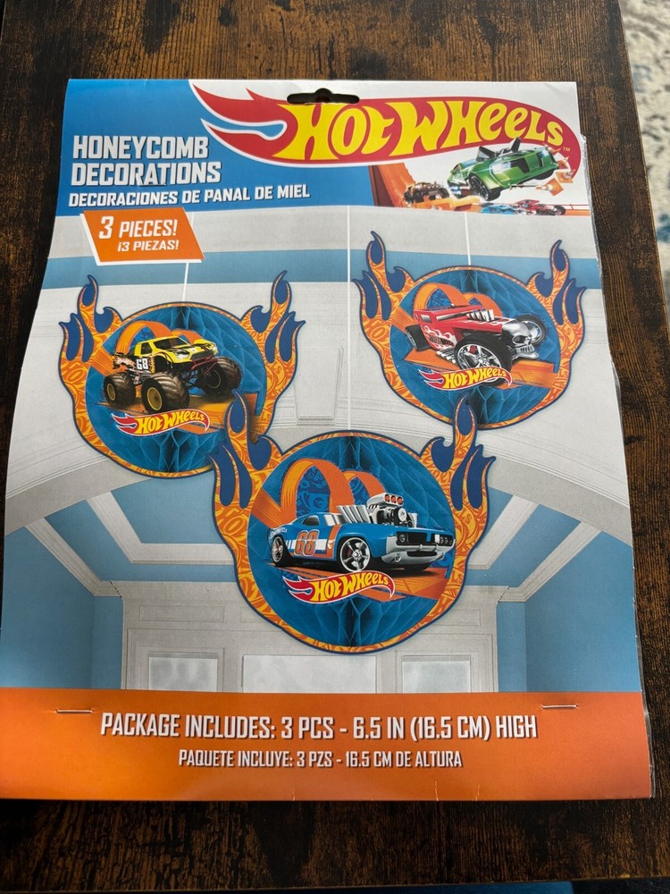 HOT WHEELS HONEYCOMB PARTY DECORATIONS 3PC SET NEW