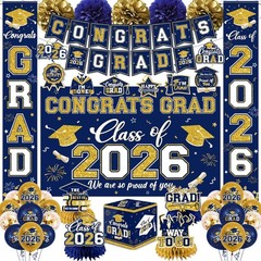 Navy Blue & Gold Graduation Decorations 2026 Set – Congrats Grad Banner, Balloon