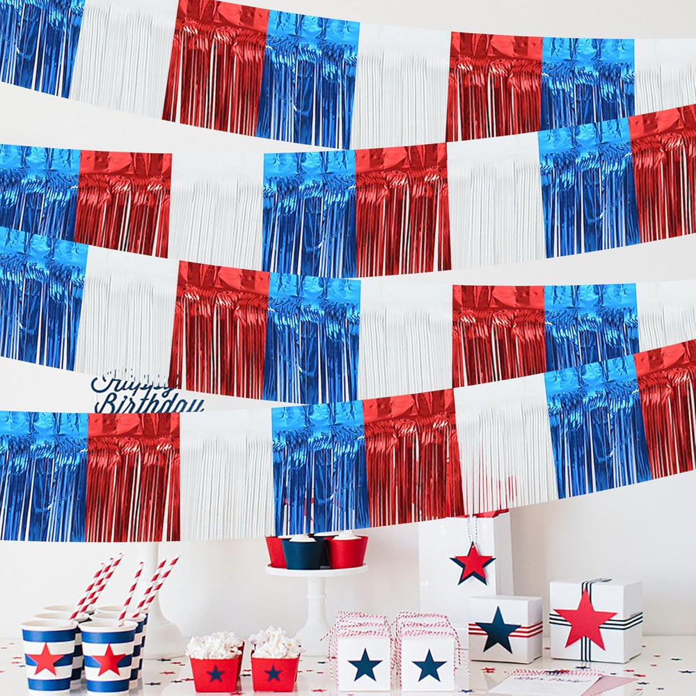 4 Pack Each 10Ft Foil Fringe Garland 4Th of July Parade Floats for Trailer Car,