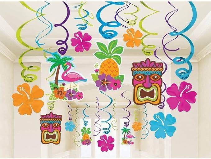 Summer Luau Party Swirl Hanging Decorations – Pack of 30 – Vibrant Colors & Trop