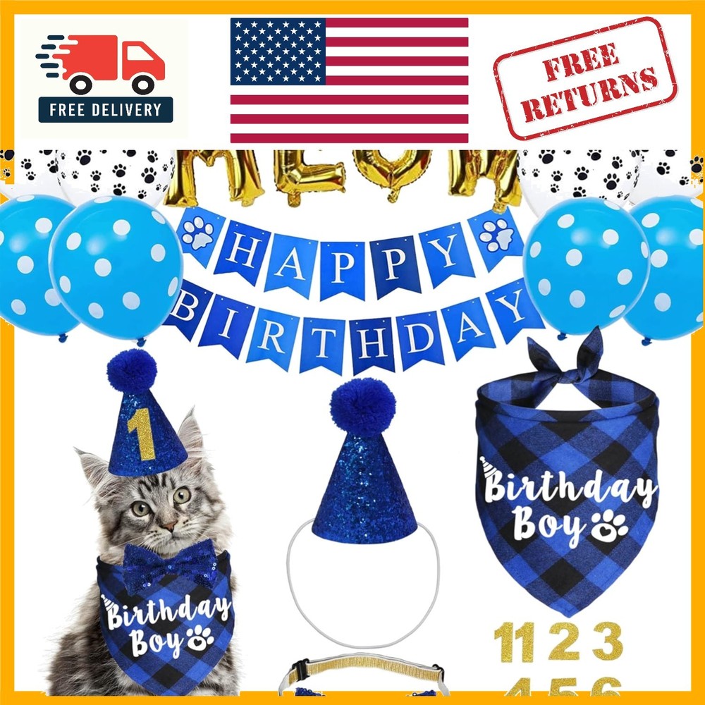 Stylish Blue Plaid Cat Birthday Party Supplies with Adjustable Fit for All Sizes