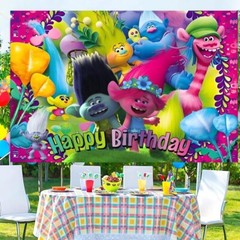 Trolls Theme Happy Birthday Backdrop 5×3.5ft,for Kids Birthday Party Decoration