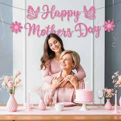 Mothers Day Banner Decorations, Happy 7 inches by 5 inches, Pink