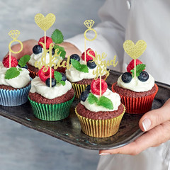 24 Pcs He Asked She Said Yes Cake Topper Gold Cupcake Toppers Heart Diamond Ring
