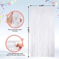 2Pack White Metallic Tinsel Foil Fringe Curtains, White Streamer Backdrop Cur…