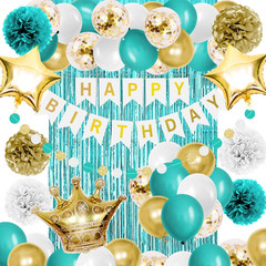 Teal Blue and Gold Birthday Party Decorations Happy Birthday Banner Turquoise