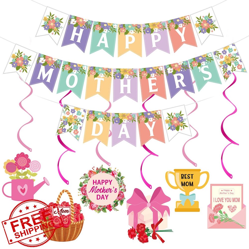 Happy Mothers Day Banner Hanging Swirls Party Decor