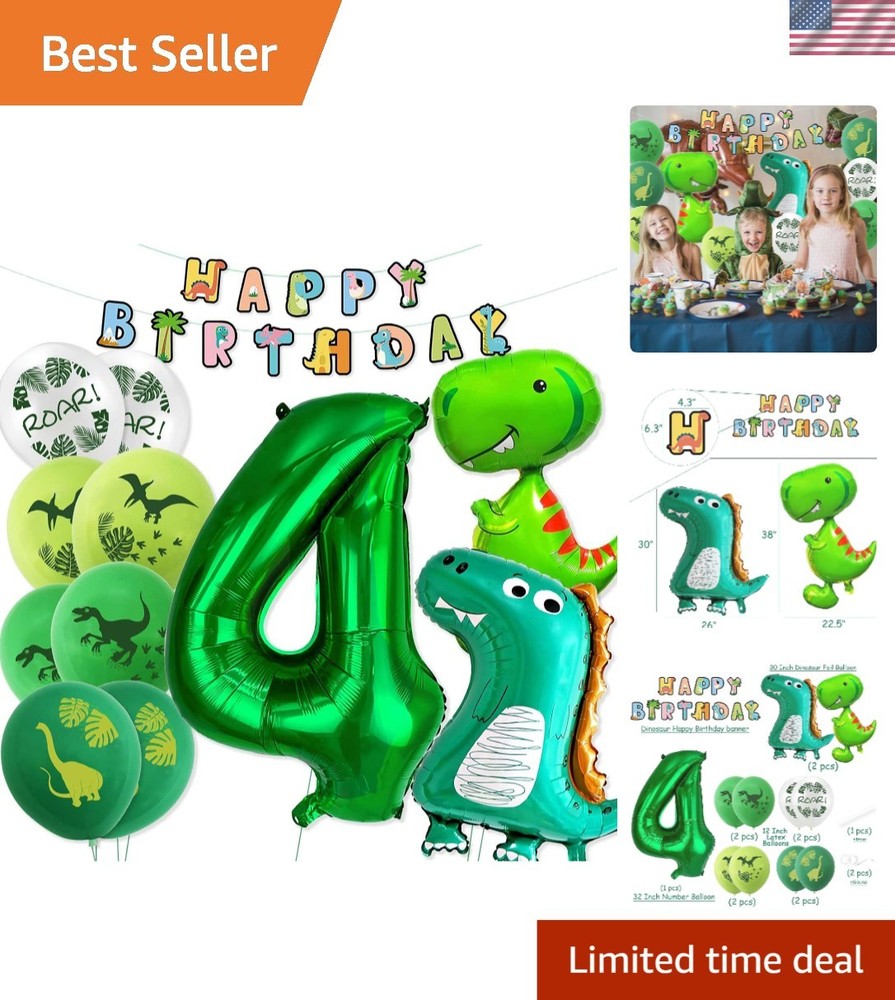 Complete Dinosaur Theme 4th Birthday Party Set: Banners & Balloons Galore