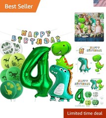 Complete Dinosaur Theme 4th Birthday Party Set: Banners & Balloons Galore