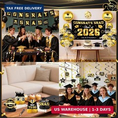Graduation Decorations 2026-Black and Gold Graduation Party Decorations Supplies