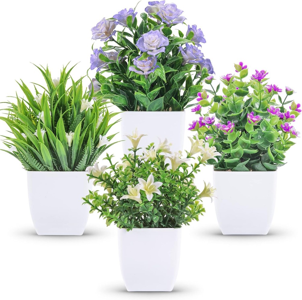 Der Rose 4 Pack Small Fake Plants Mini Artificial Faux Indoor 4-color