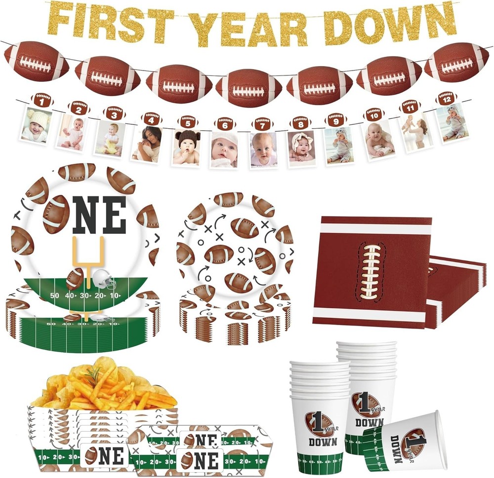 142Pcs First Year Down Football Theme Birthday Party Complete Set Deco Supplies