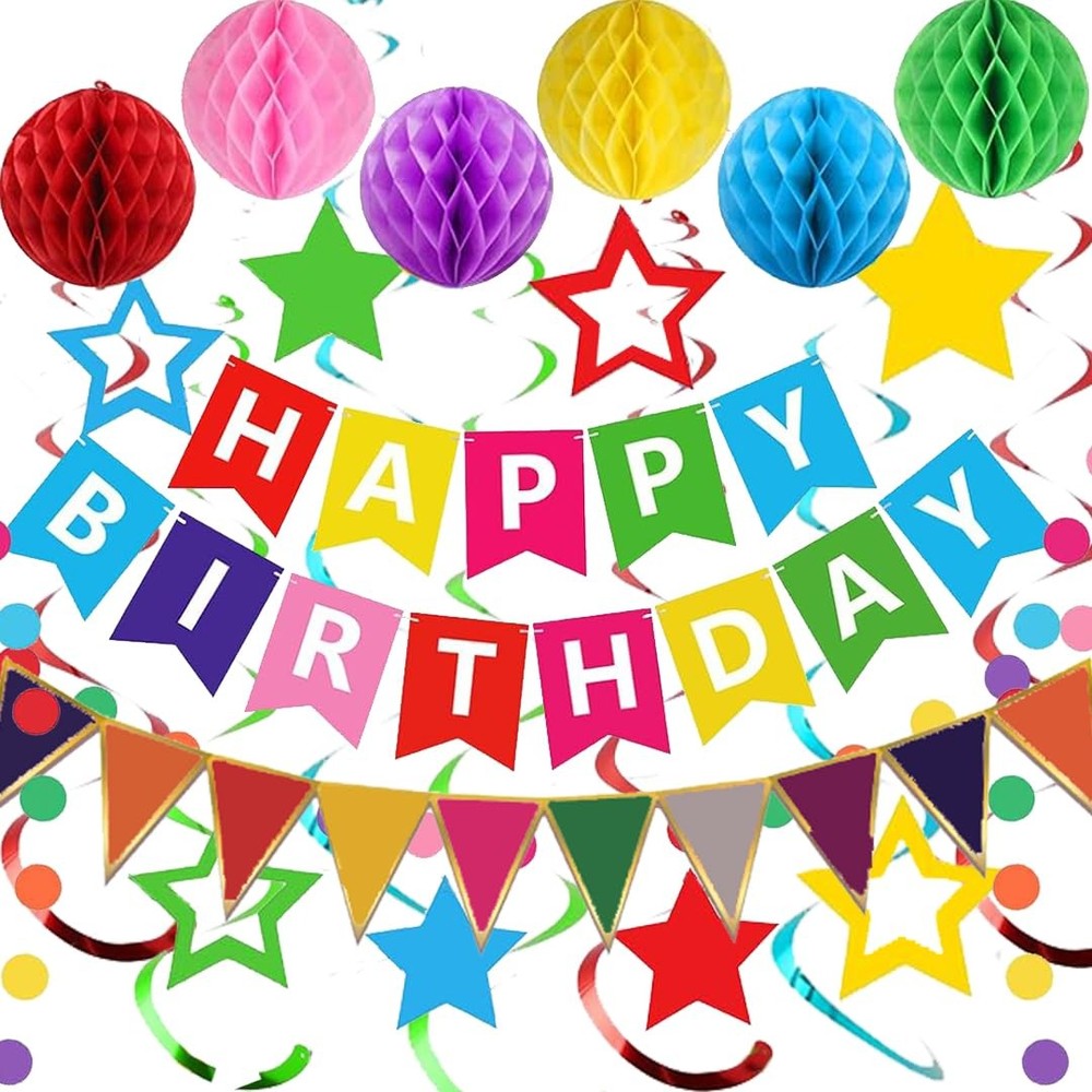 Colorful Birthday Decorations, Happy Birthday Banner with Honeycomb Balls, St…