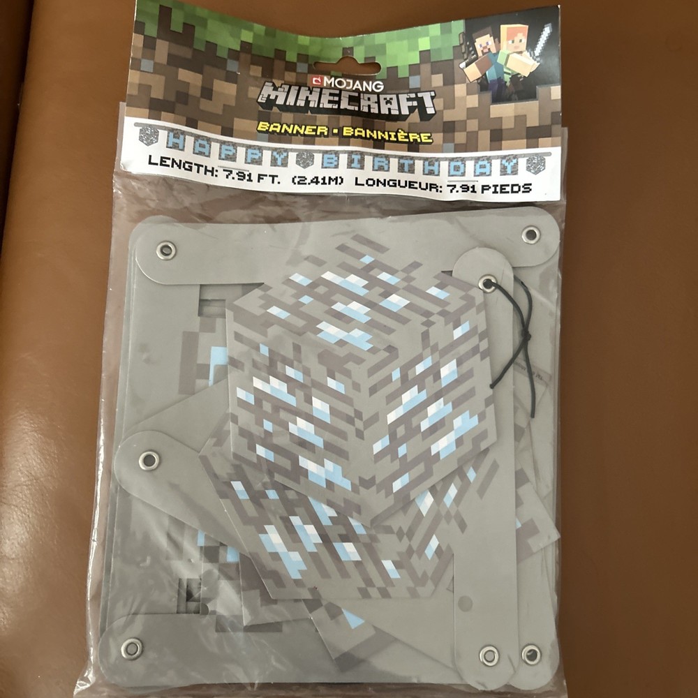 Minecraft Happy Birthday Banner Party Decoration Kids Birthday Gray Blue 7.91 ft
