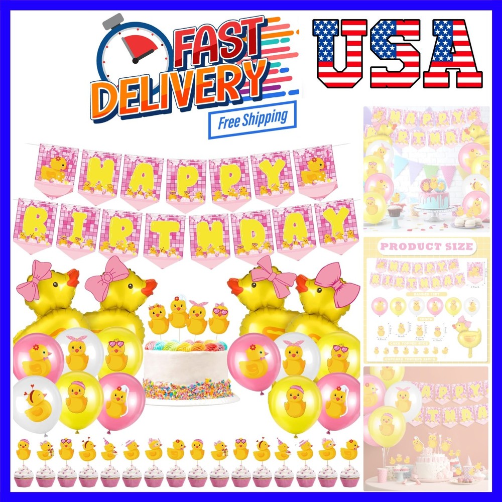 57 Pcs Pink Duck Birthday Decorations Balloons Party Happy Birthday Banner Ca…