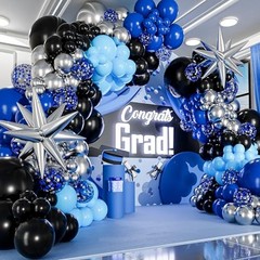 ALL-IN-1 Blue and Black Balloons Arch Kit with BONUS Blue, Black, Silver
