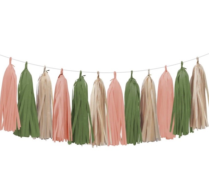 Retro Pink Sage Green Tissue Pepper Tassel Garland for Woodland Shower 15 Pcs