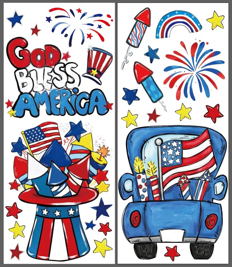 Large Patriotic Window Clings 4th of July Truck Hat Fireworks Stars Glass Decal