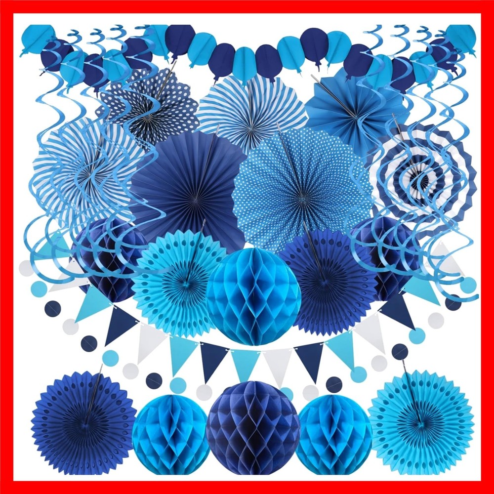 Blue Party Decorations, Easy Assembly Paper Fan Honeycomb Ball Garland Hangin…