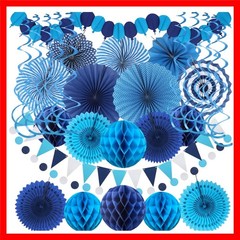 Blue Party Decorations, Easy Assembly Paper Fan Honeycomb Ball Garland Hangin…