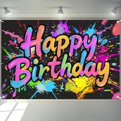 Neon Birthday Party Decorations, Neon Happy Birthday Banner Backdrop Sign,
