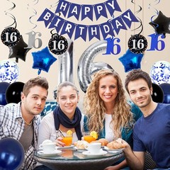 Stylish Happy Birthday Decorations with Silver Number 16 in Dark Blue Theme