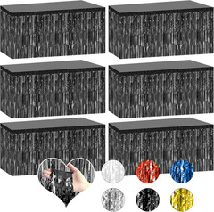 6 Pack 29.5X108 Inch Black Foil Tinsel Fringe Table Skirts, Disposable Table Ski