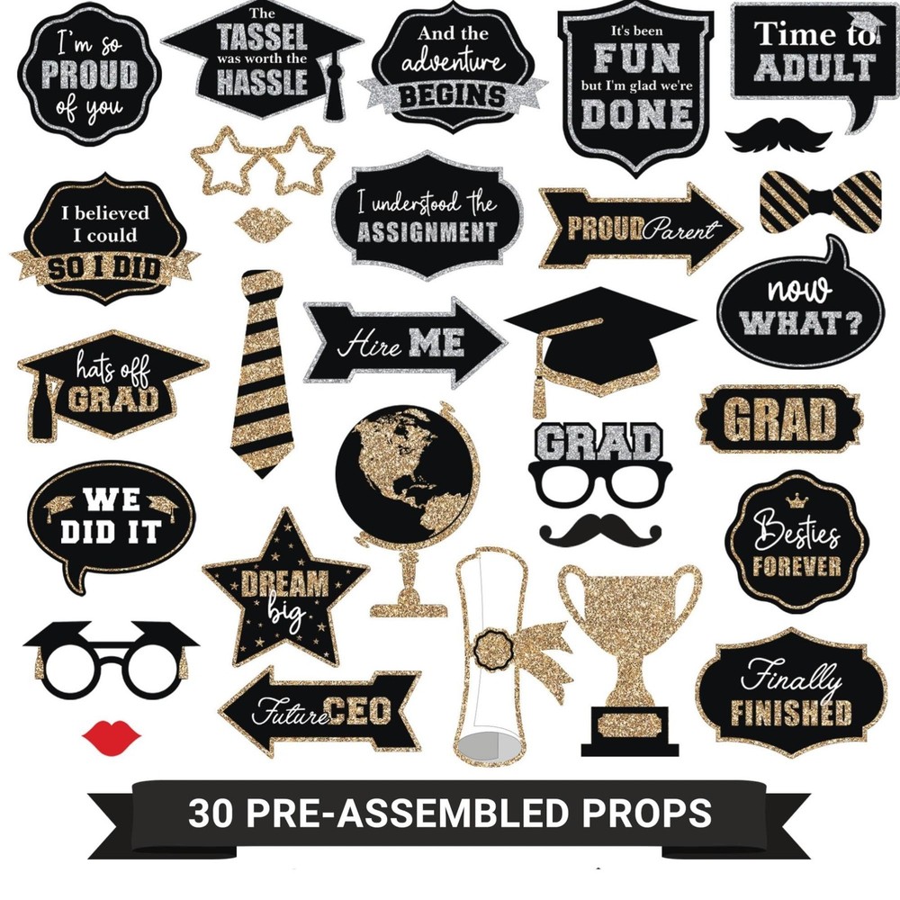 30 PCS Gold Silver Glitter 2026 Graduation Photo Booth Props Party Supplies