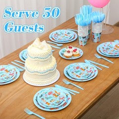 350 Pcs Cat Birthday Party Dinnerware Supplies, Blue Cute Kitten Tableware Se…