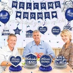 Welcome Home Decorations Set – Blue Silver Banner, Balloons, Honeycomb Centerpie