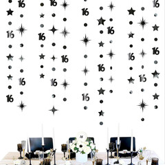 Black Number 16 Circle Dot Twinkle Star Garland Metallic Streamer Bunting Banner