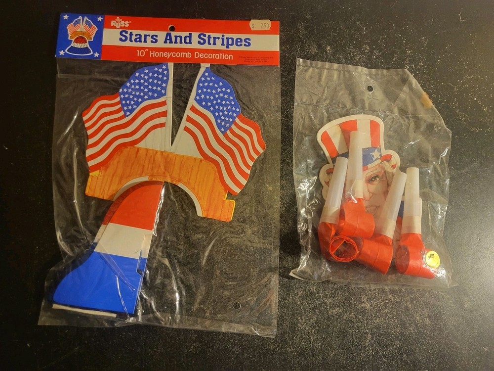 2 Vtg Russ Party Accessories 10″ Honeycomb Decoration/4 Blow Whistle New/Sealed