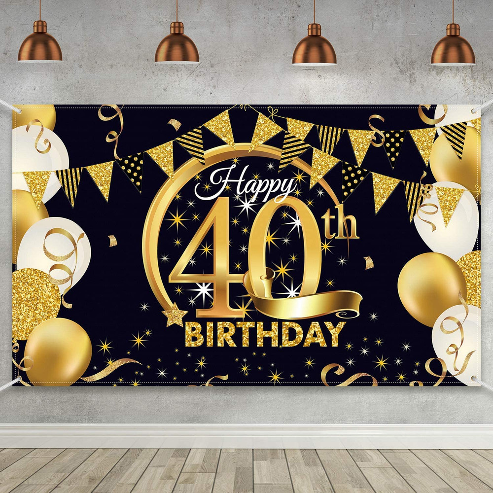 40th Birthday Backdrop Black Gold Fabric Party Banner 72.8×43.3 Photo Booth Sign