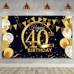 40th Birthday Backdrop Black Gold Fabric Party Banner 72.8×43.3 Photo Booth Sign