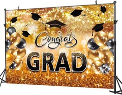 8X6FT Congrats Grad Backdrop Black Gold Glitter Graduation Party Decorations …