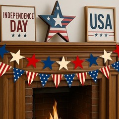 4th of July Decorations 2pcs Retro Wooden Red Blue and White Stars Garland & USA