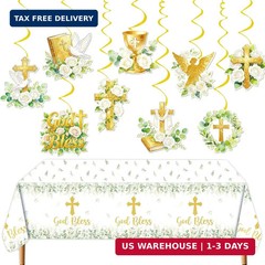 Gold Baptism Decorations Set, Christening Party Supplies with God Bless Hanging