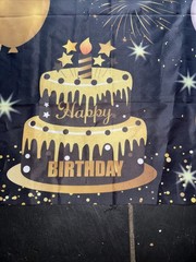 Happy 40th Birthday Banner Cloth Fabric sign 72 X 36 Black gold Decor Celebrate