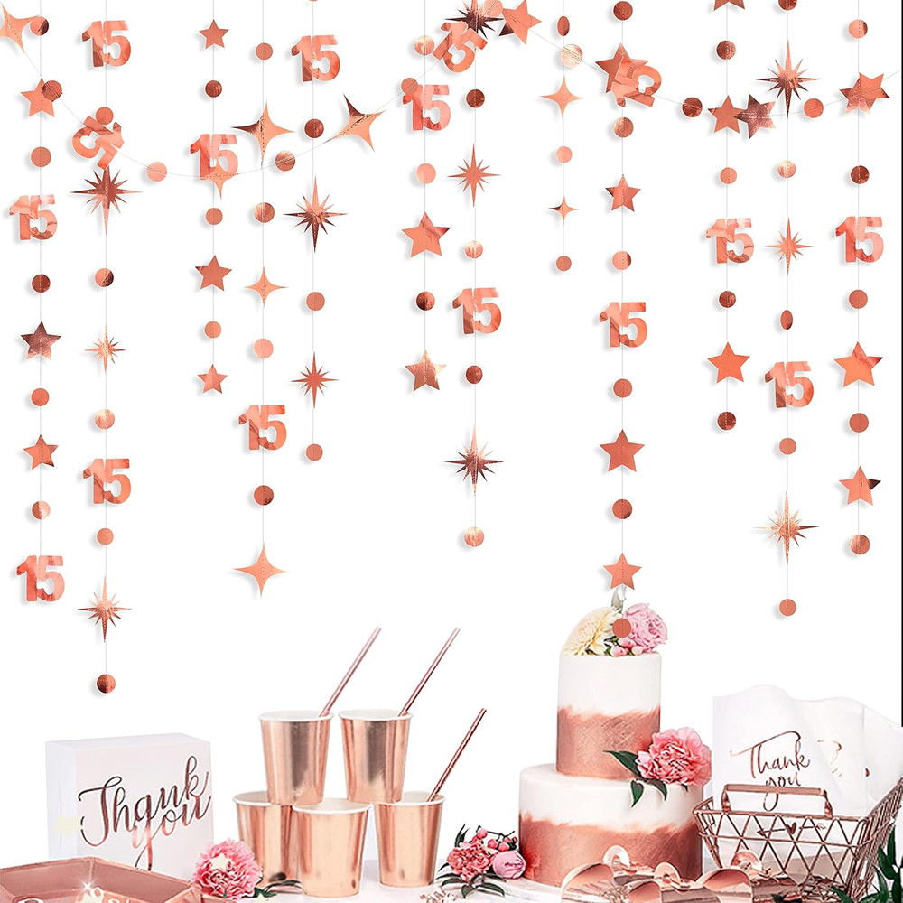 Rose Gold 15th Birthday Decorations Number 15 Circle Dot Twinkle Star Garland Me